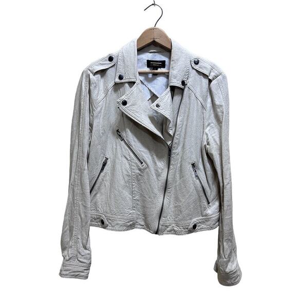Greylin Anthropologie Blazer Jacket L Linen Cotton Tan Zippered Moto Modern Chic - Picture 1 of 8